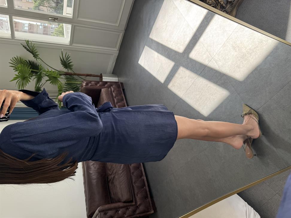 Lacivert Yandan Bağlamalı Gömlek Elbise