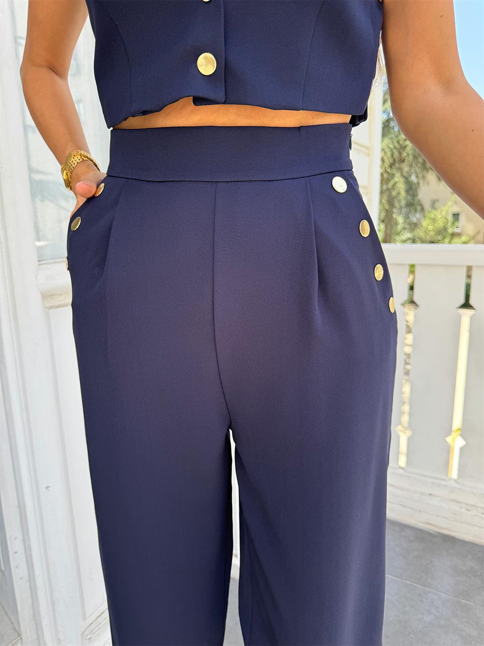 Lacivert Gold Düğmeli Yelek Pantolon Takım