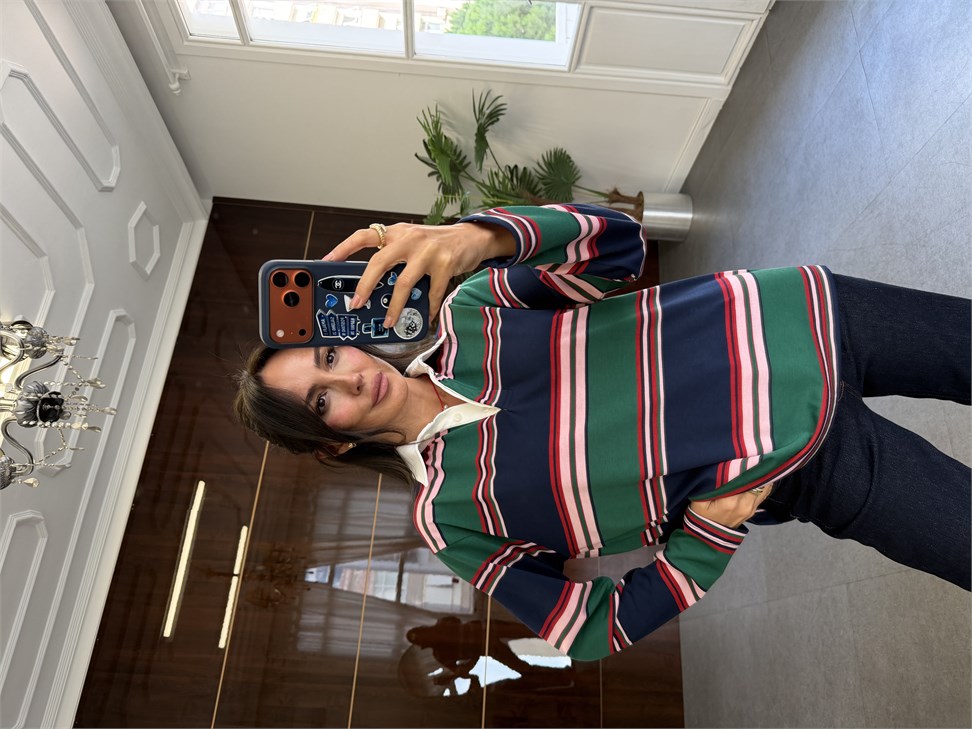 Lacivert-Yeşil Polo Yaka Uzun Kol Sweatshirt