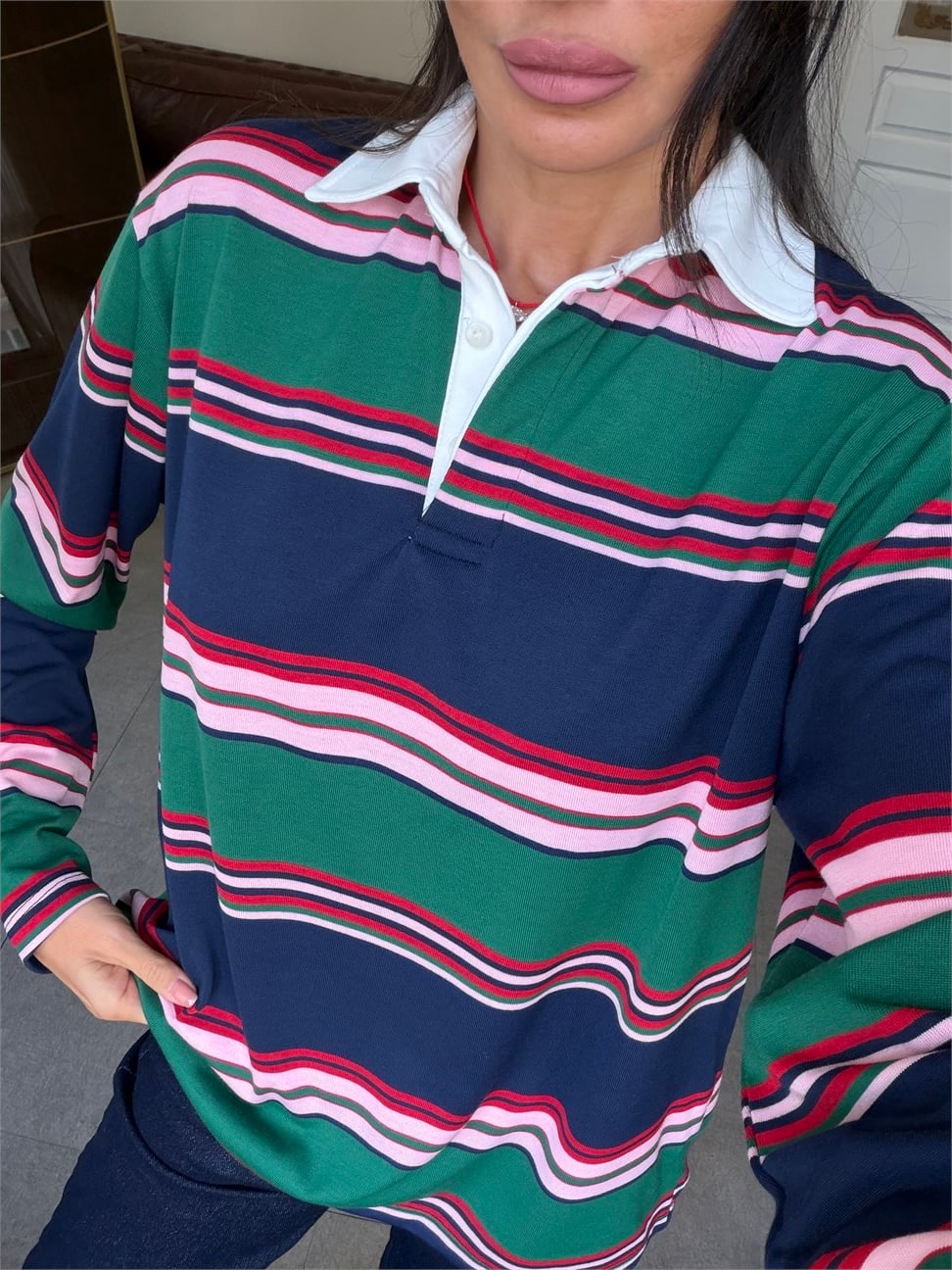 Lacivert-Yeşil Polo Yaka Uzun Kol Sweatshirt