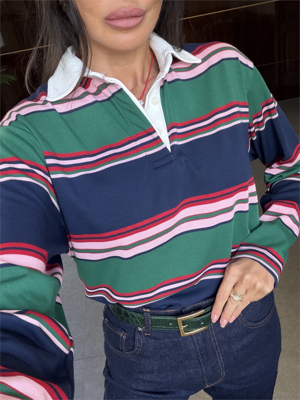 Lacivert-Yeşil Polo Yaka Uzun Kol Sweatshirt