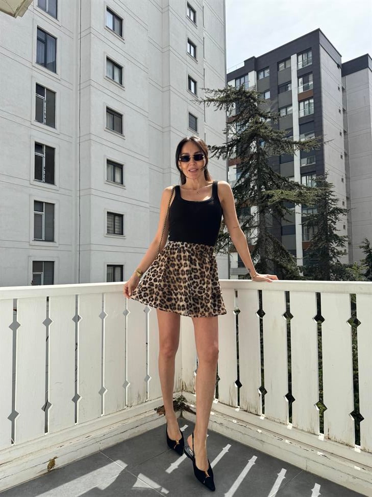 Leopar 2 Sıra Volanlı Şifon Etek