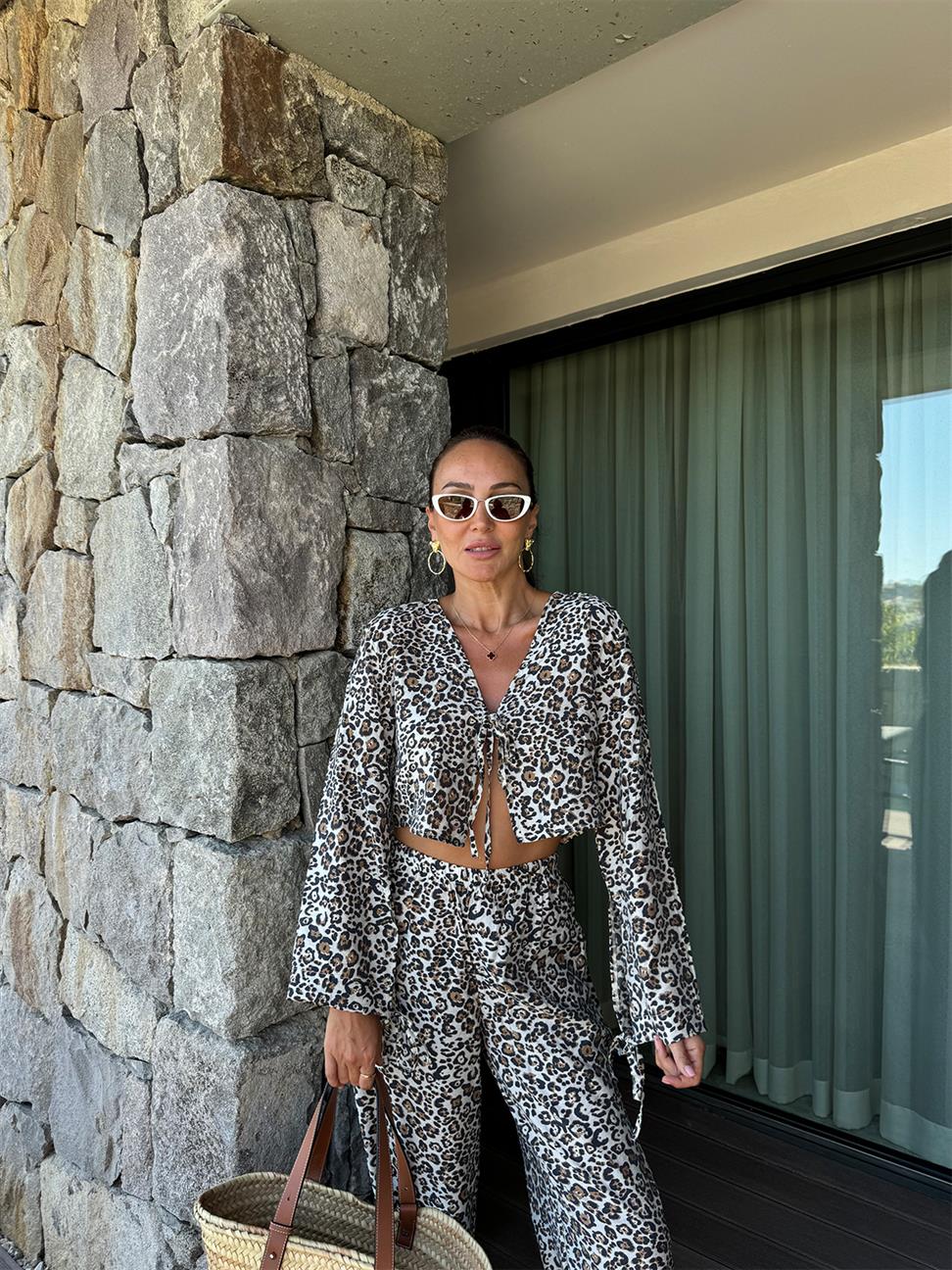 Leopar Bağlama Bluz Takım