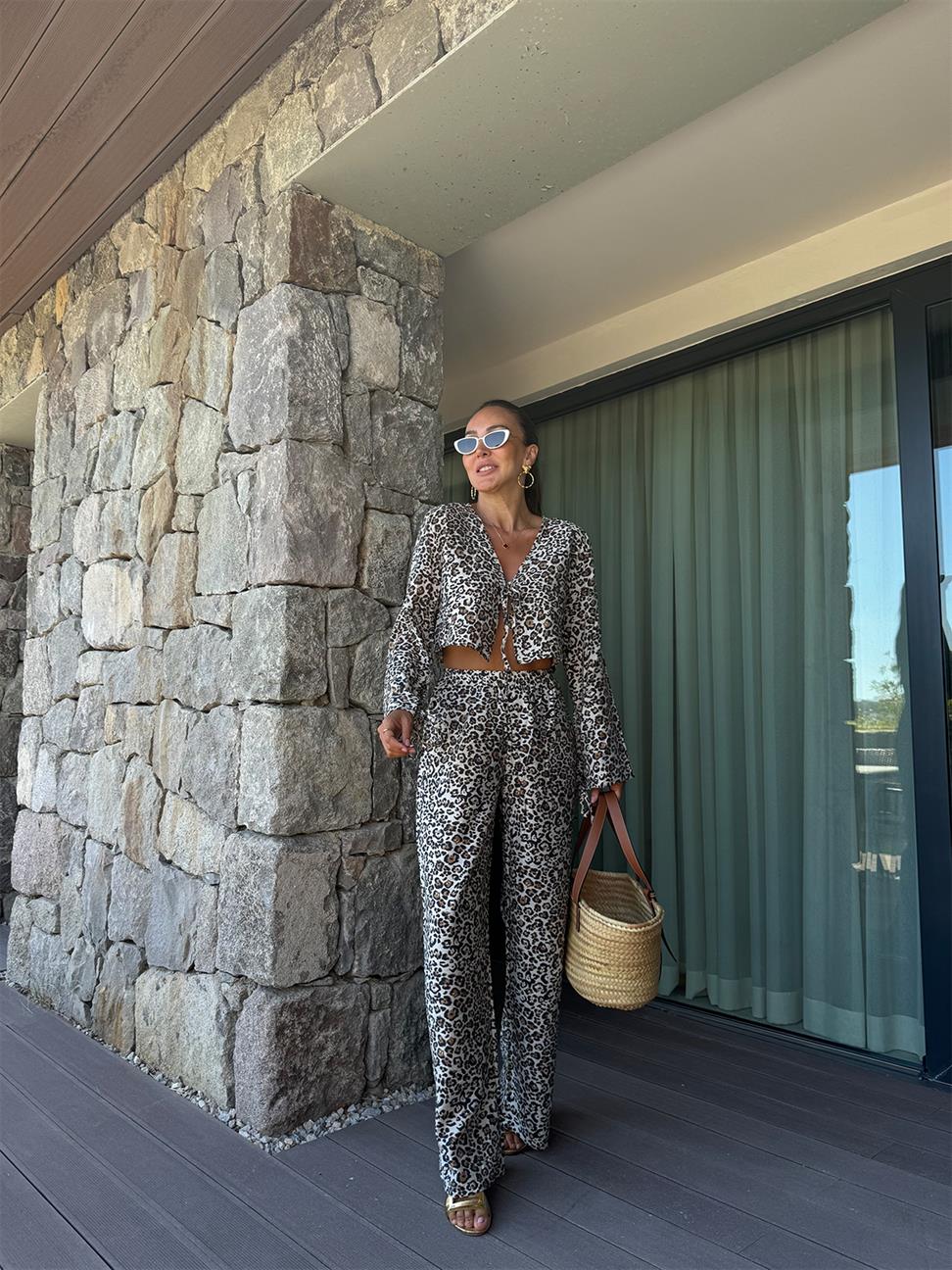 Leopar Bağlama Bluz Takım