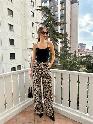 Leopar Desenli Palazzo Pantolon Bej