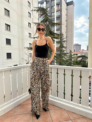Leopar Desenli Palazzo Pantolon Bej
