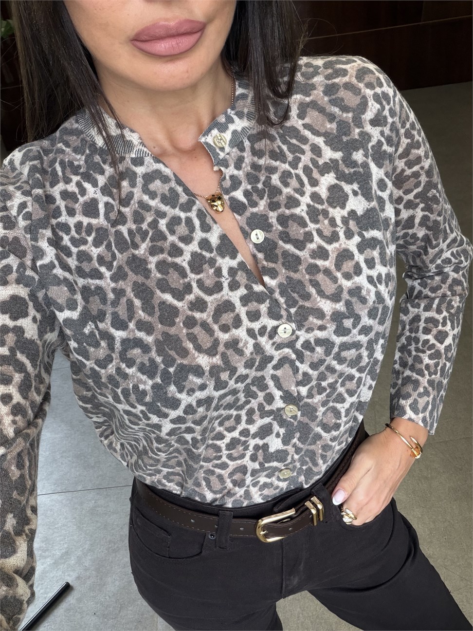 Leopar Desenli Sıfır Yaka Hırka