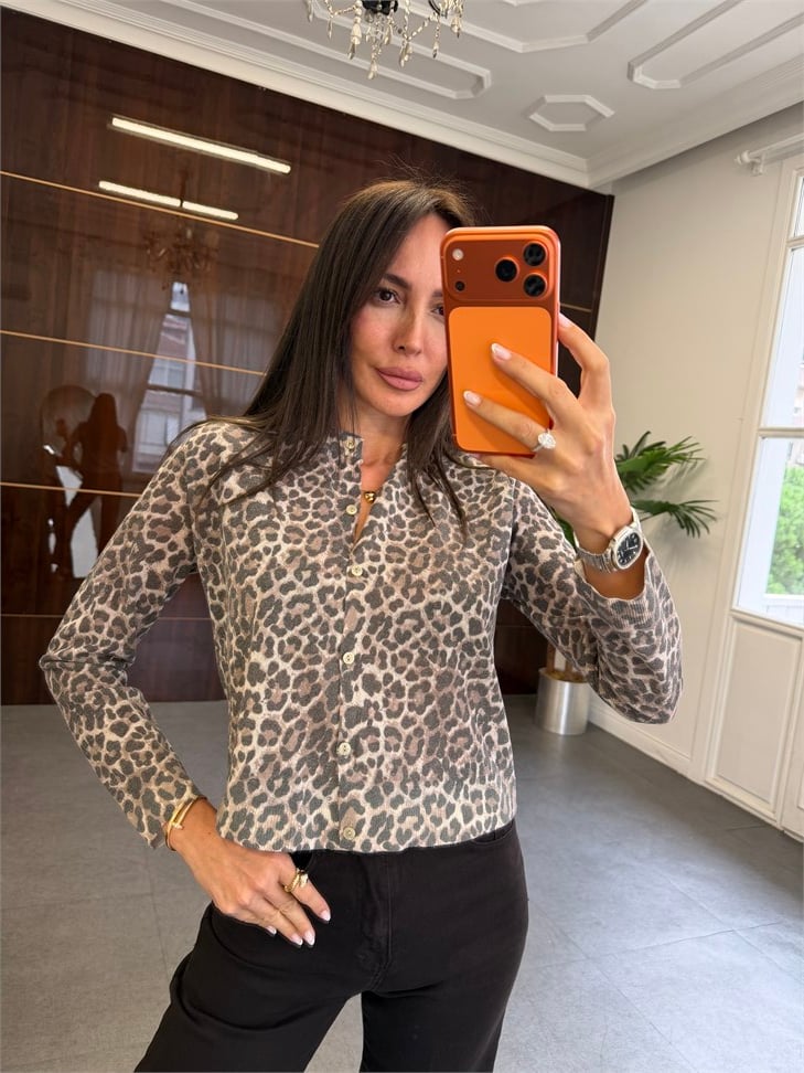 Leopar Desenli Sıfır Yaka Hırka