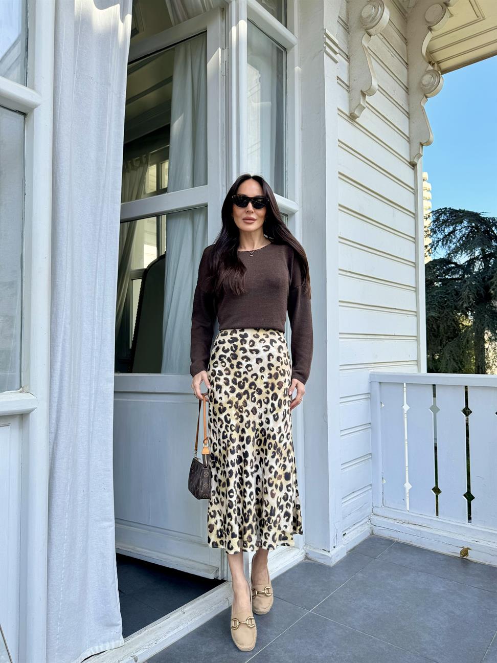Leopar Saten Midi Etek