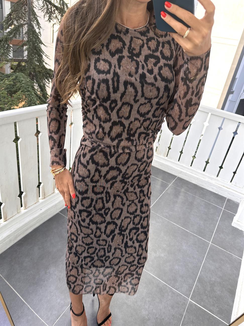 Leopar Tül Belden Büzgülü Elbise