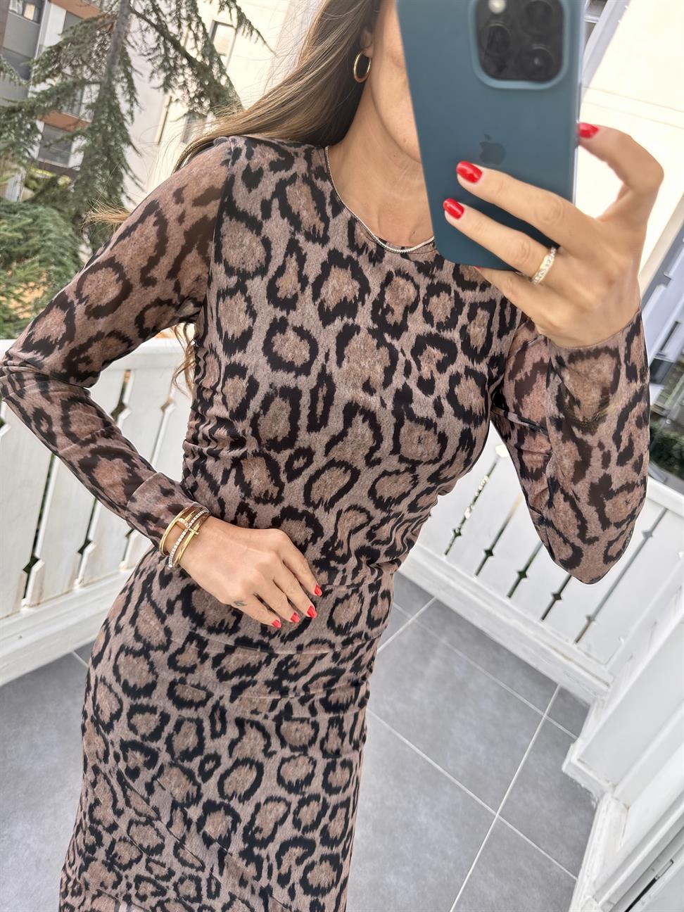 Leopar Tül Belden Büzgülü Elbise