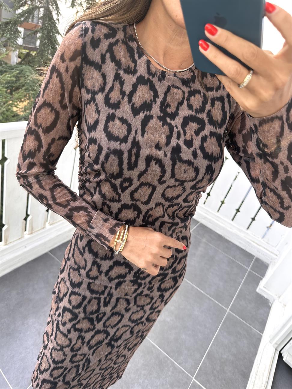 Leopar Tül Belden Büzgülü Elbise