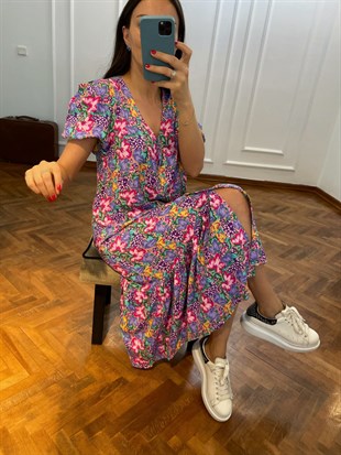 Lila Düğme Kapamalı V Yaka Balon Kol Midi Boy Elbise