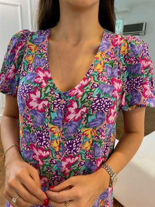 Lila Düğme Kapamalı V Yaka Balon Kol Midi Boy Elbise