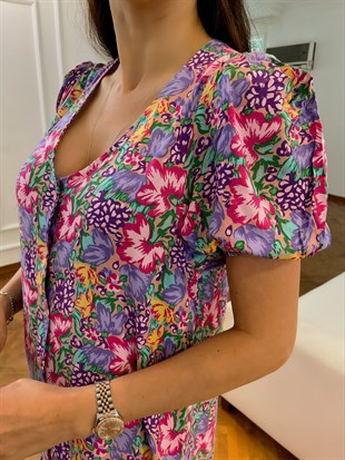 Lila Düğme Kapamalı V Yaka Balon Kol Midi Boy Elbise