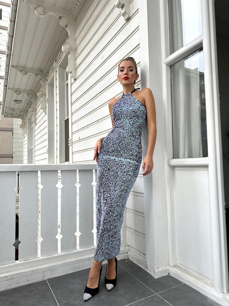 Lila Bağcıklı Pul Elbise