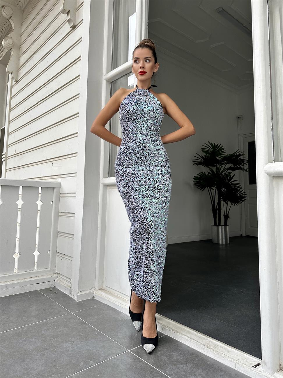 Lila Bağcıklı Pul Elbise