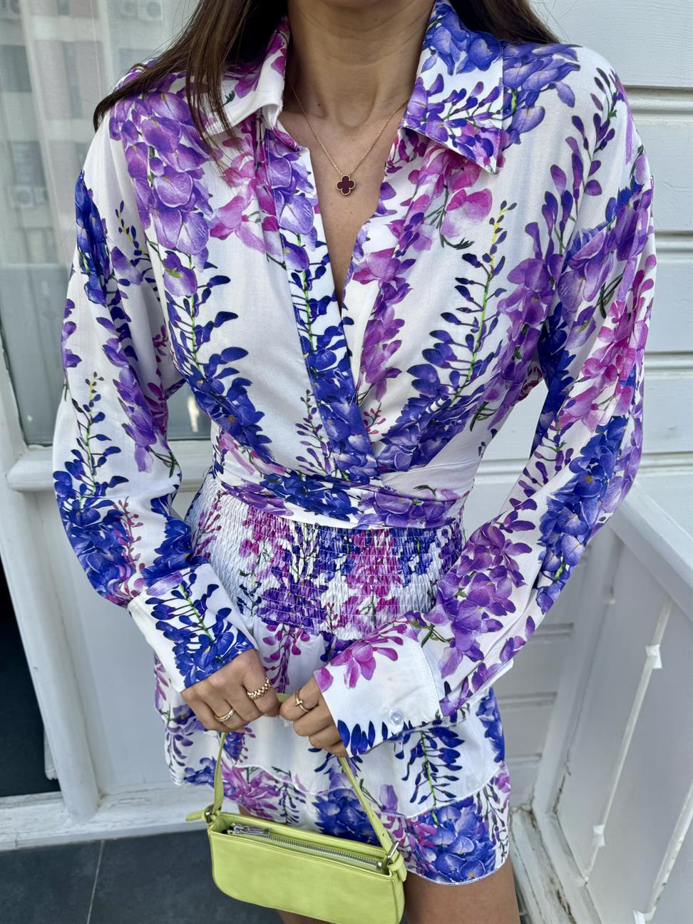 Lila Çiçekli Bluz Etek Takım