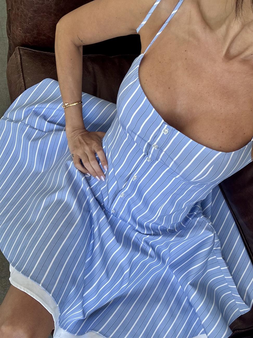 Mavi Askısı Bağlamalı Çizgili Elbise