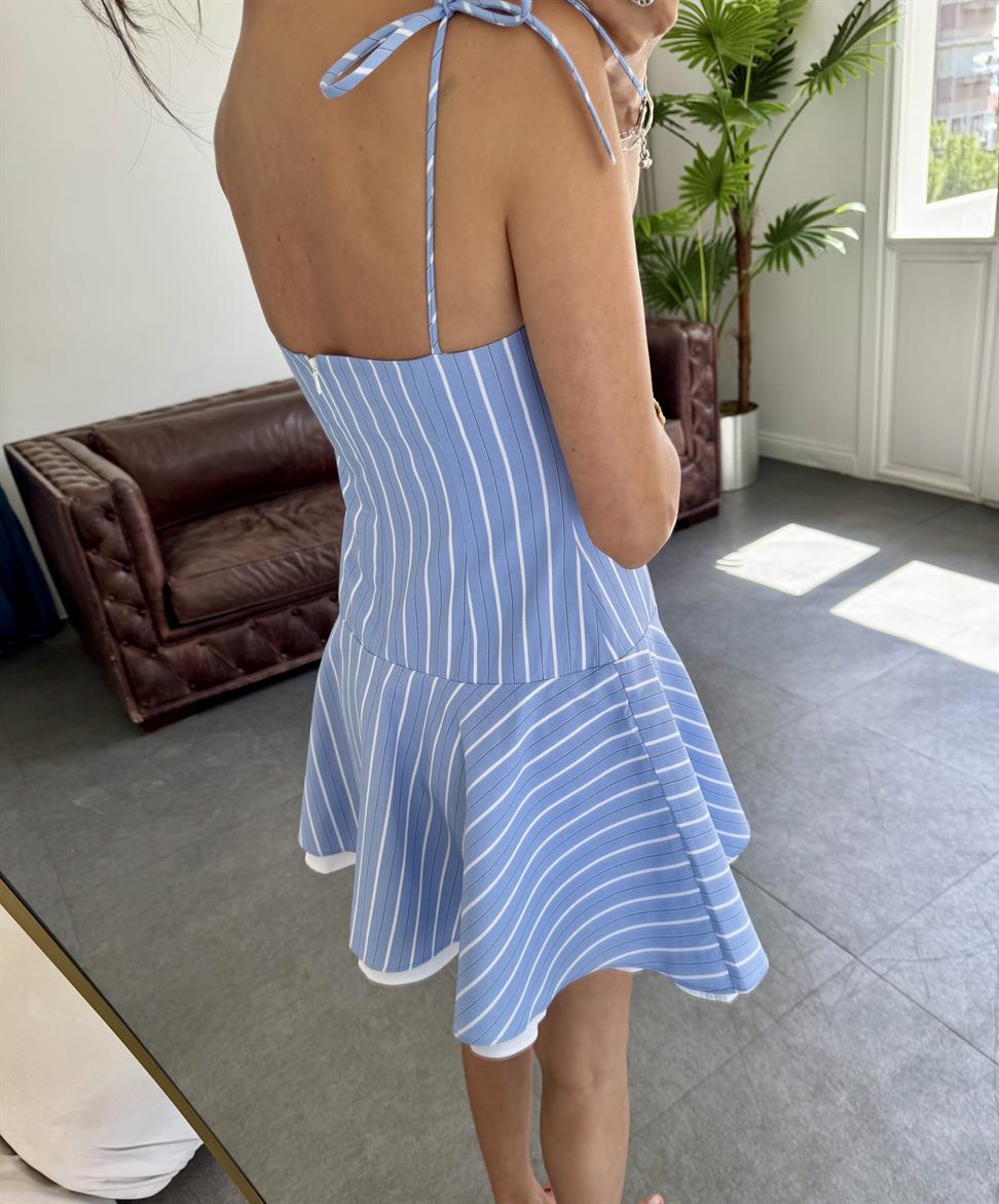 Mavi Askısı Bağlamalı Çizgili Elbise
