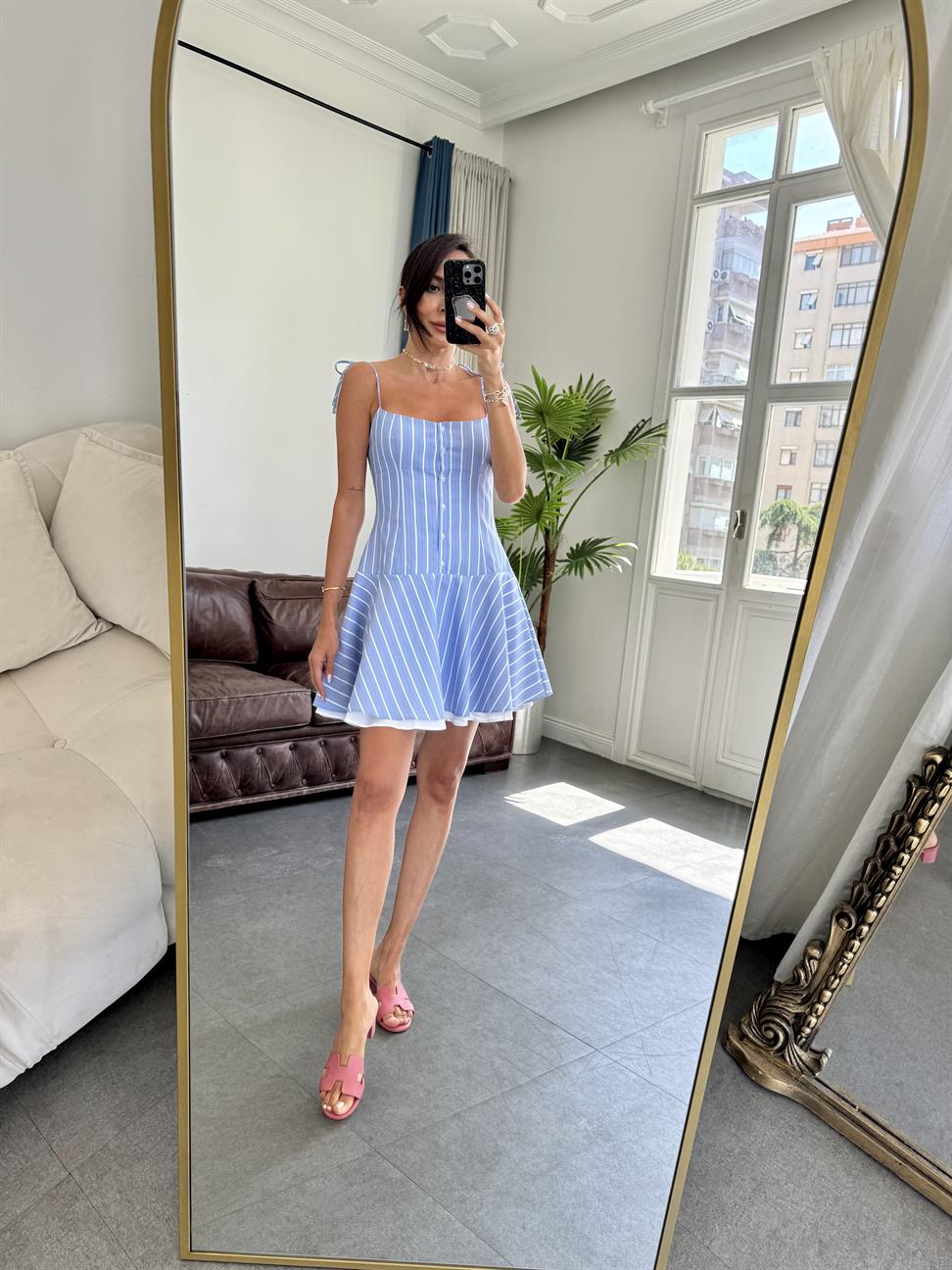 Mavi Askısı Bağlamalı Çizgili Elbise