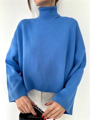 Mavi Boğazlı İspanyol Kol Salaş Triko Kazak