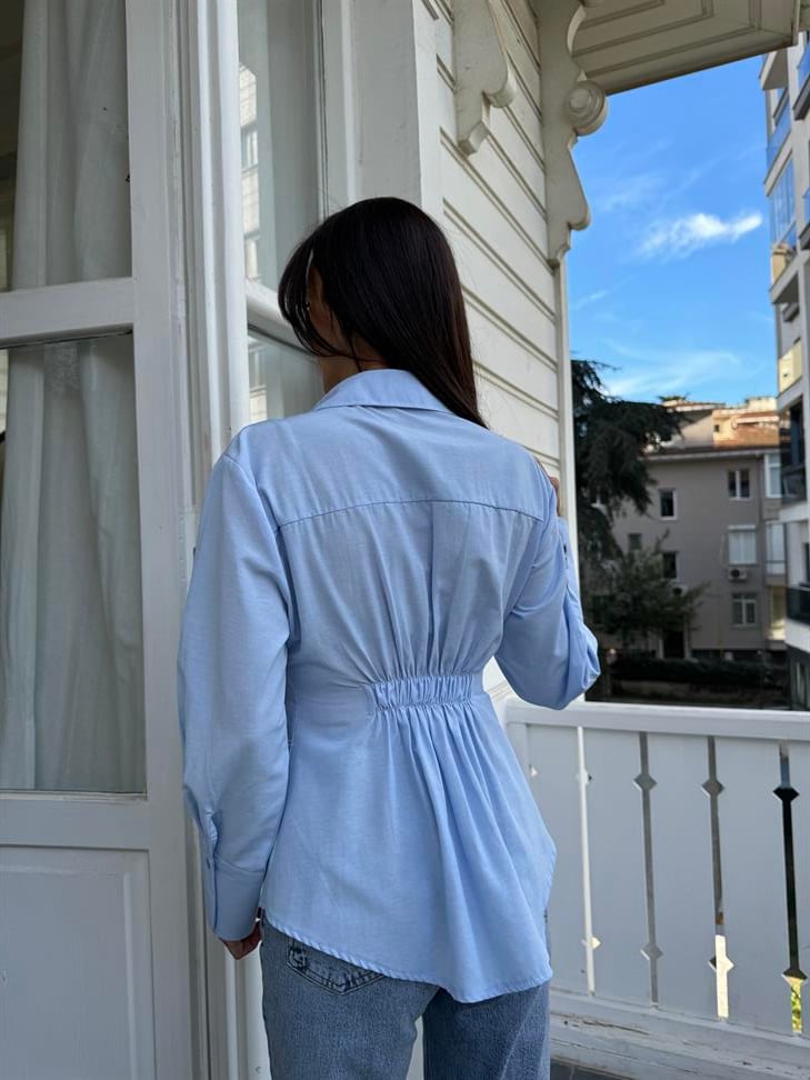 Mavi Büzgü Detaylı Gömlek
