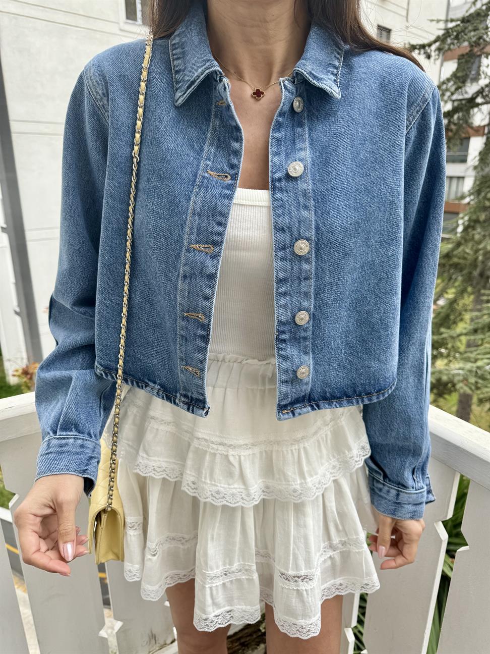 Mavi Cepsiz Crop Gömlek