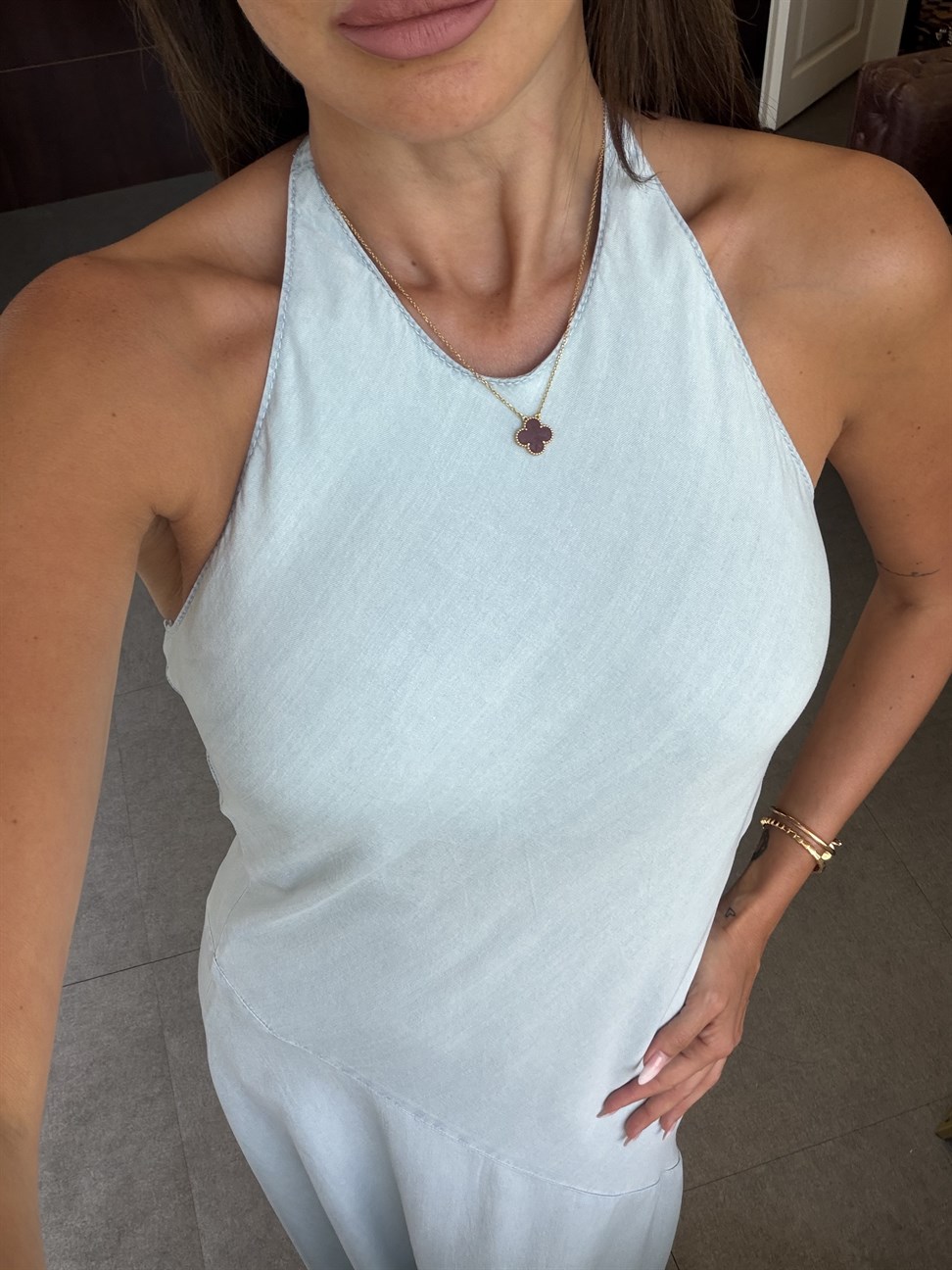 Mavi Çıtçıtlı Tencel Elbise