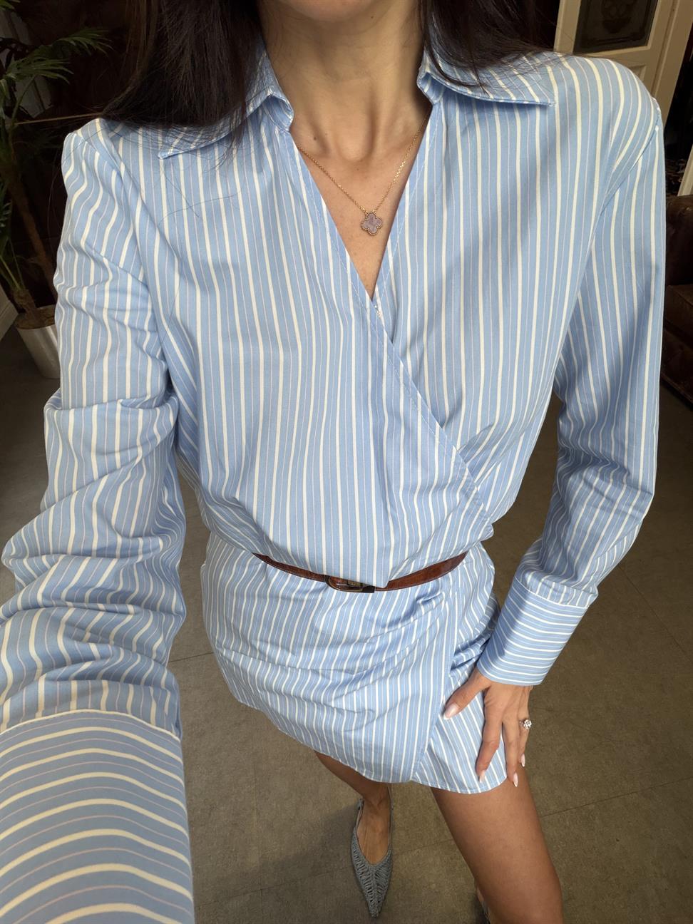Mavi Çizgili Mini Gömlek Elbise