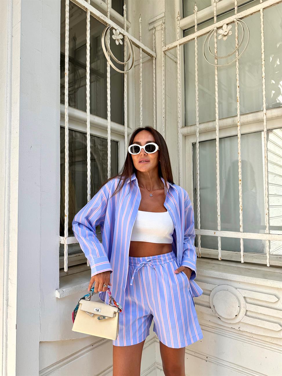 Mavi Dikey Çizgili Gömlek Şort Takım
