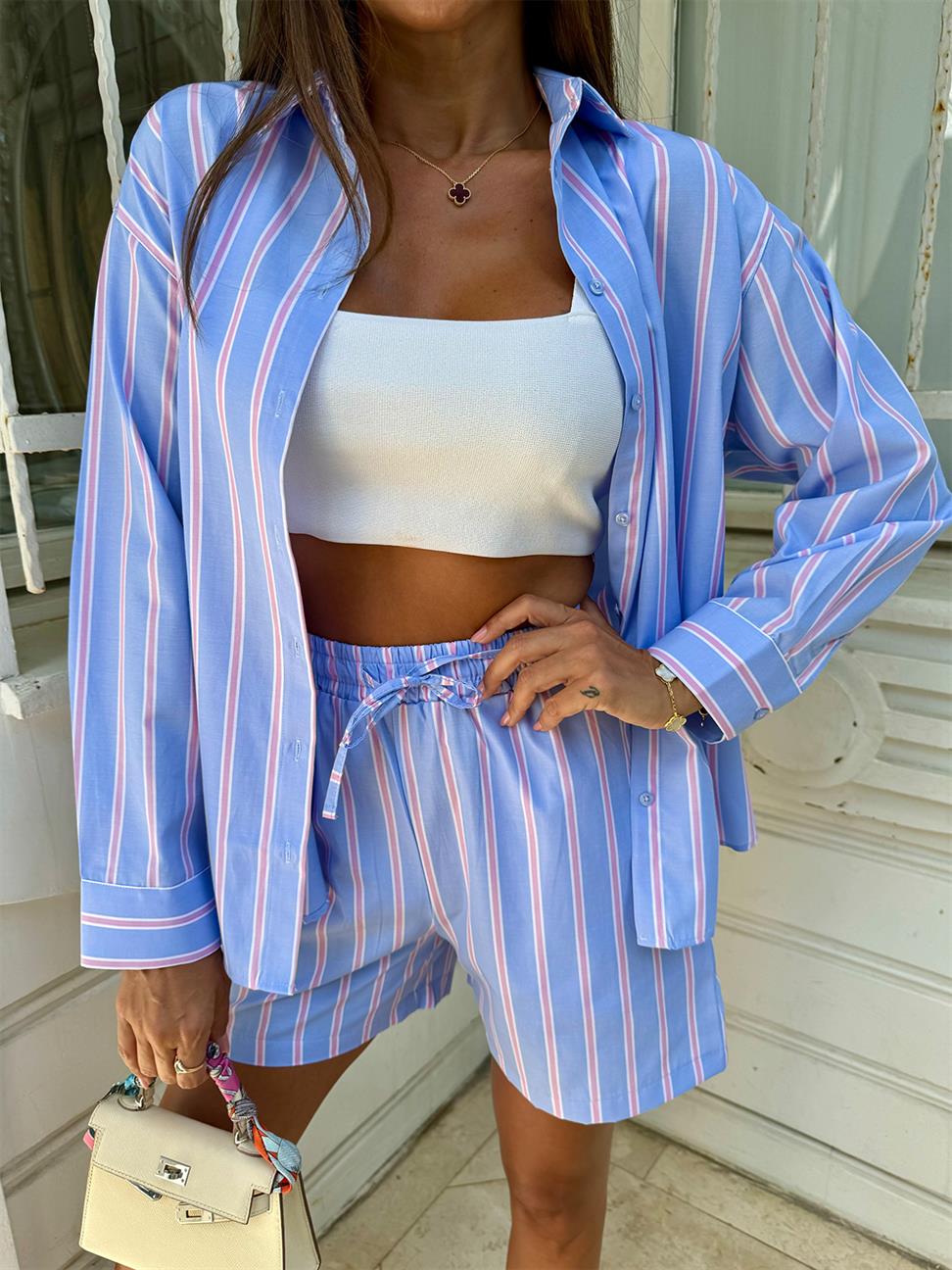 Mavi Dikey Çizgili Gömlek Şort Takım