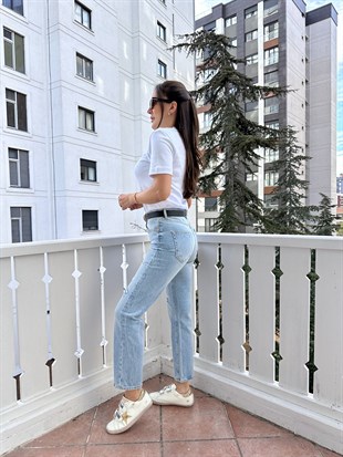 Mavi Dizi Lazer Kesik Mom Jean