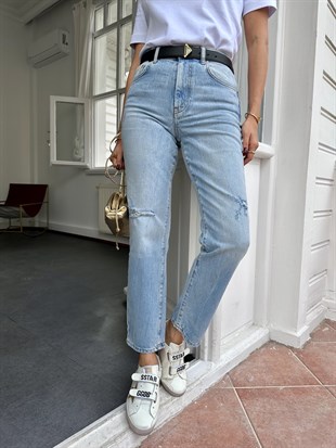 Mavi Dizi Lazer Kesik Mom Jean
