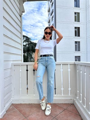 Mavi Dizi Lazer Kesik Mom Jean
