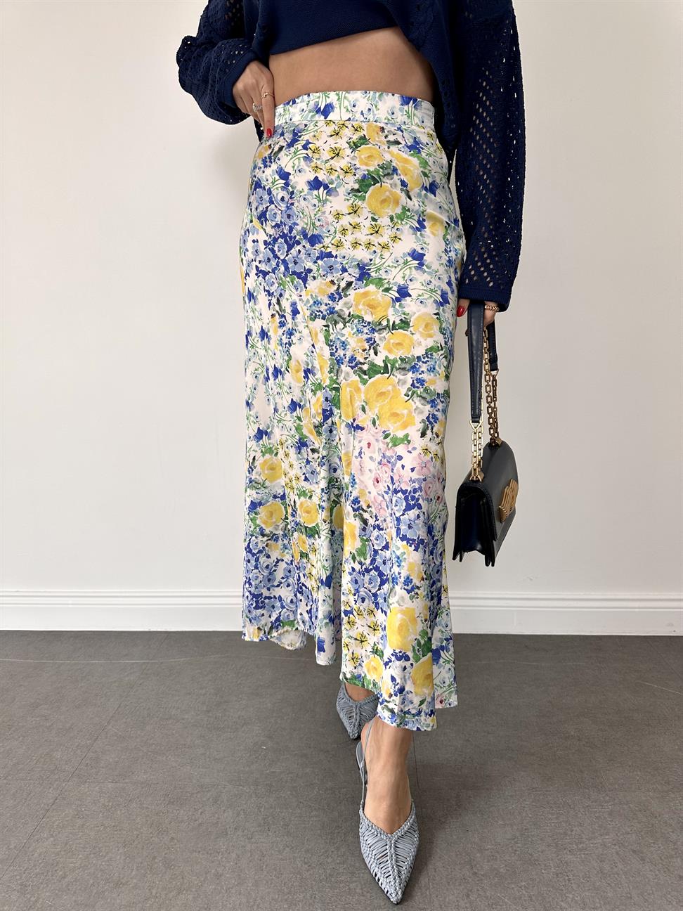 Mavi Flowers Uzun Saten Etek