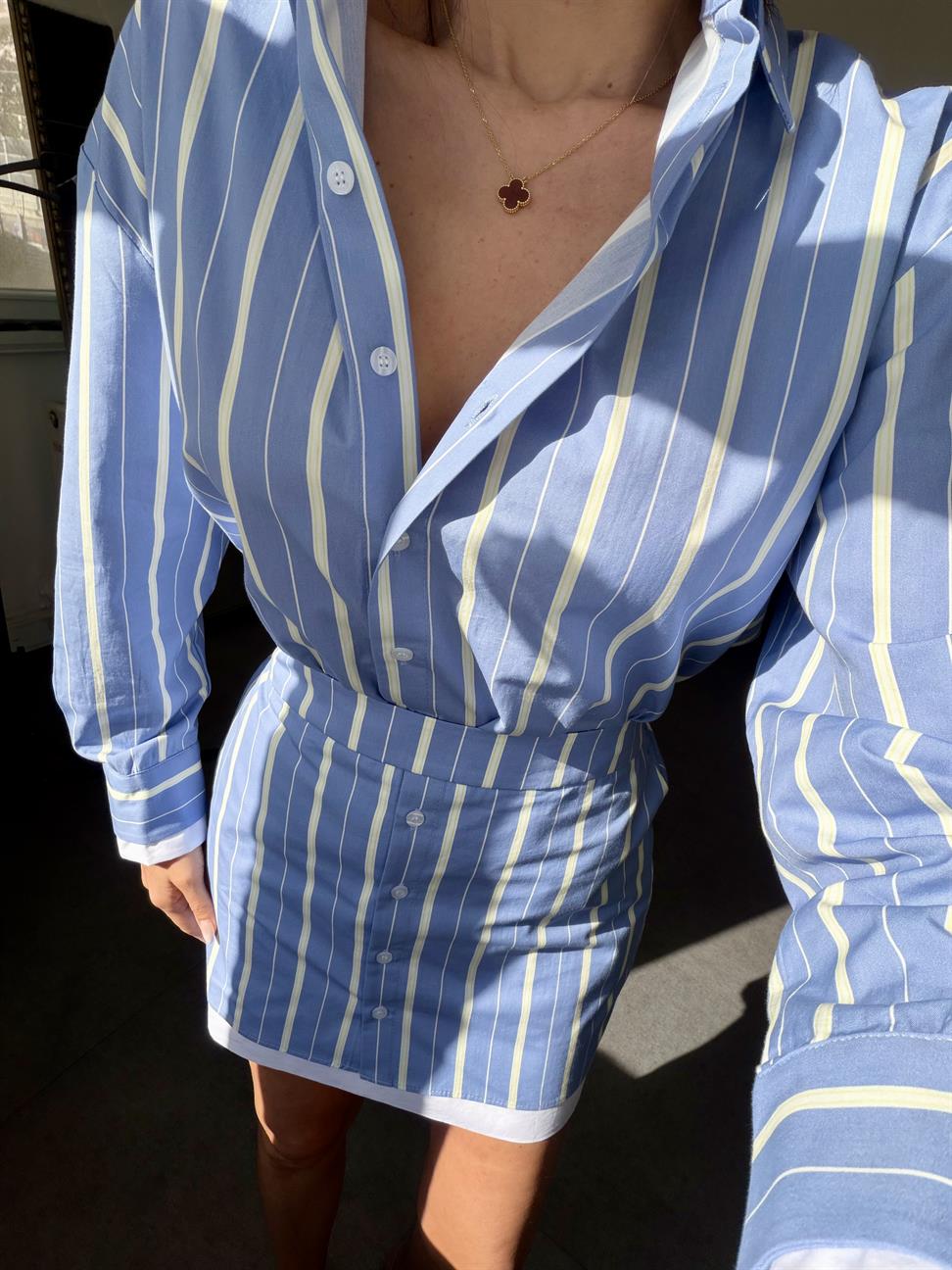 Mavi Garnili Çizgili Etek Takım