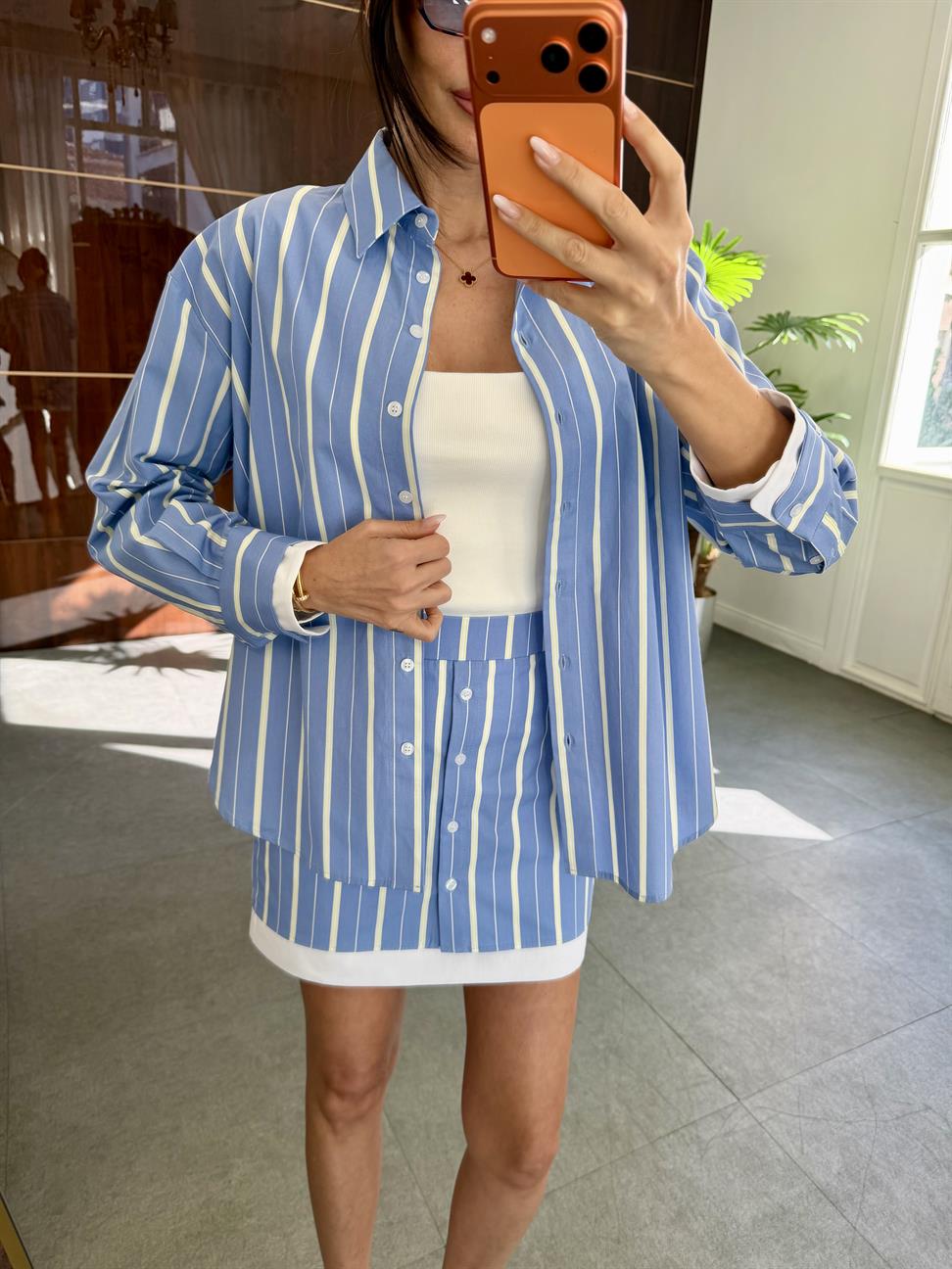 Mavi Garnili Çizgili Etek Takım