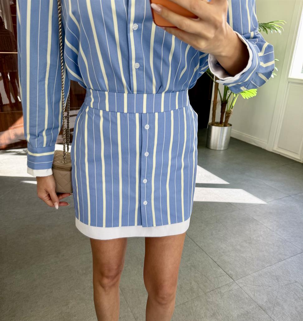 Mavi Garnili Çizgili Etek Takım