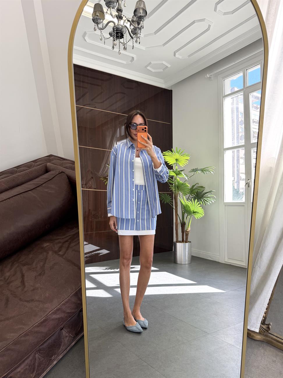 Mavi Garnili Çizgili Etek Takım