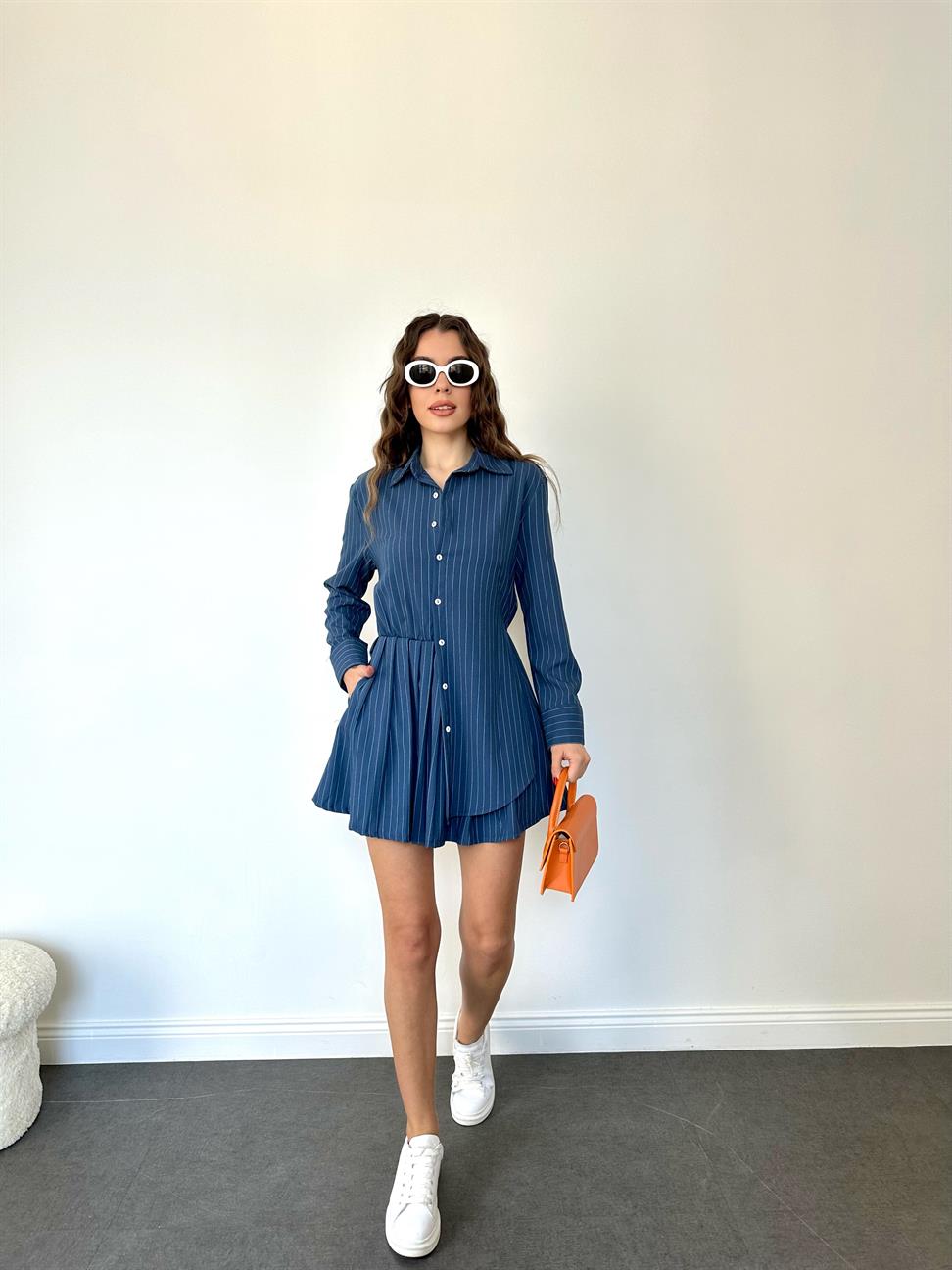 Mavi Gömlek Yaka Çizgili Elbise