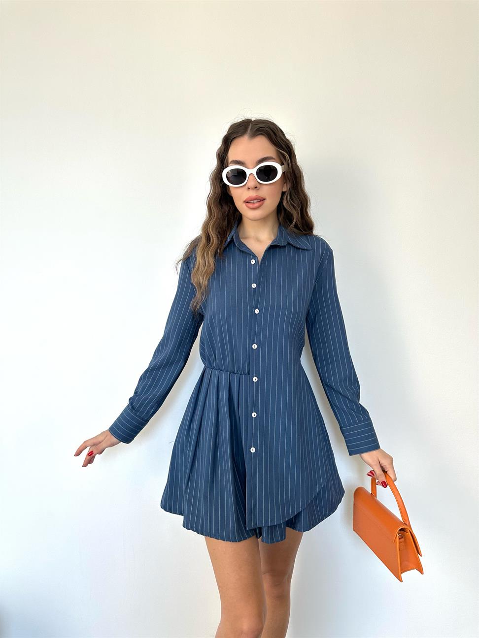 Mavi Gömlek Yaka Çizgili Elbise