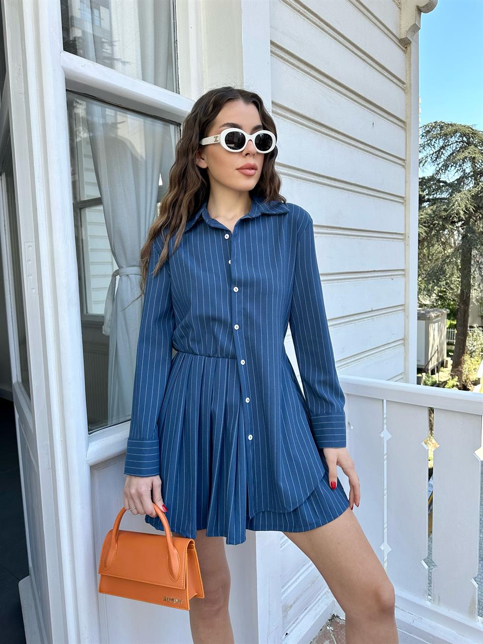 Mavi Gömlek Yaka Çizgili Elbise