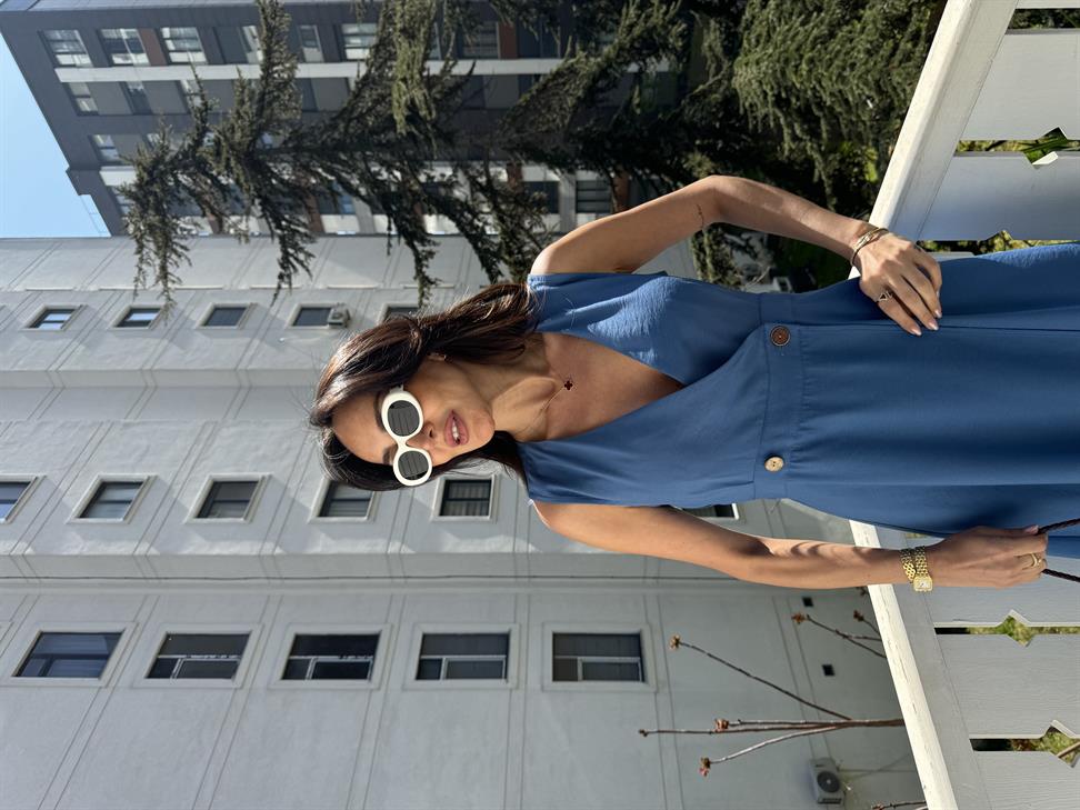 Mavi Düğmeli Uzun Elbise