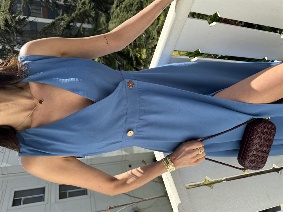 Mavi Düğmeli Uzun Elbise