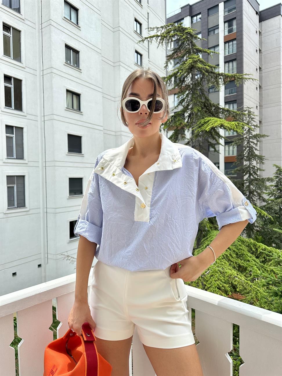 Mavi Keten Kırışık Sweat