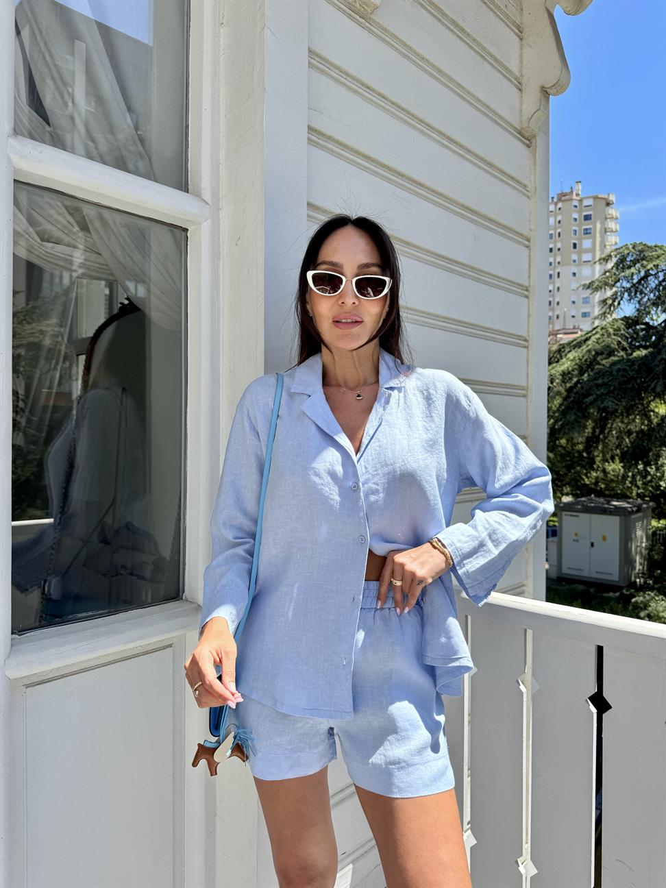 Mavi Keten Şortlu Takım