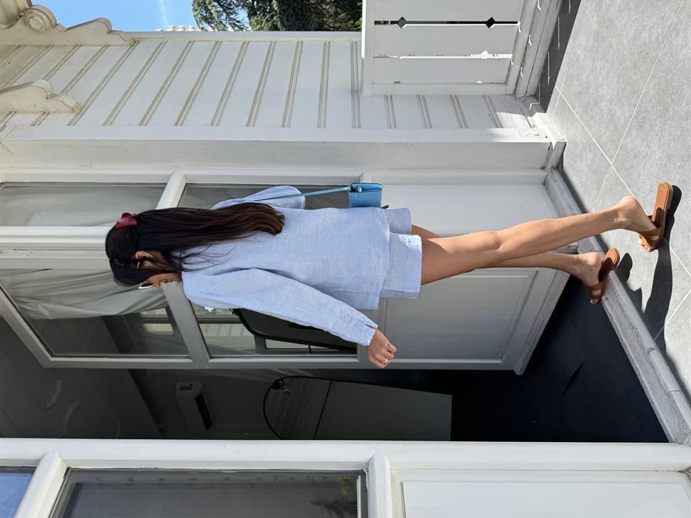 Mavi Keten Şortlu Takım