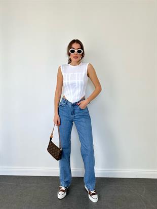 Mavi Kırıklı Kumaş Orta Renk Straight Pantolon