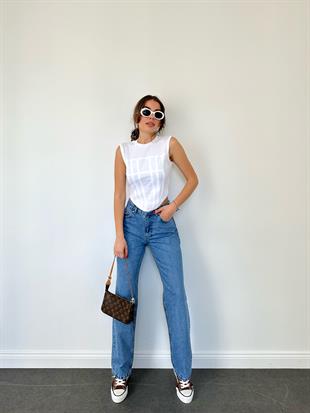 Mavi Kırıklı Kumaş Orta Renk Straight Pantolon